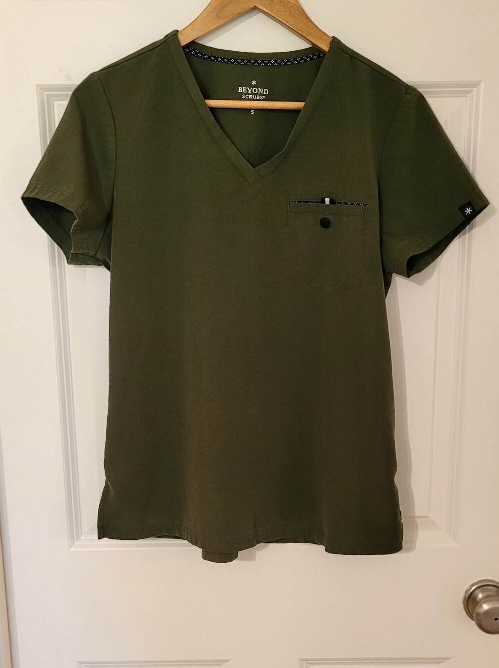 Beyond Scrubs, Olive Green Small Top, Small Tall Jogger Bottom.